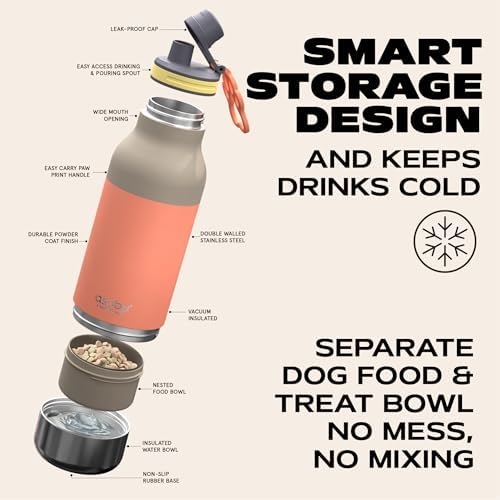 asobu Buddy Bottle a Stainless Steel Insulated Water Bottle for with Removable Dog Water Bowl and Dog Food and Treat Storage Bowl (Pastel Peach, 34 Oz)