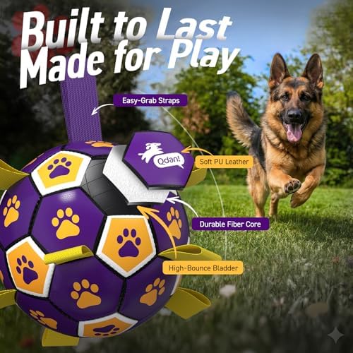 QDAN Extra Large Dog Toy Soccer Ball, Durable Dog Balls with Straps, 9 Inch | Herding Ball for Dogs Large, Interactive Dog Toys for Tug of War, Outside Water Toy, Training Soccer Balls >90 lbs Dogs