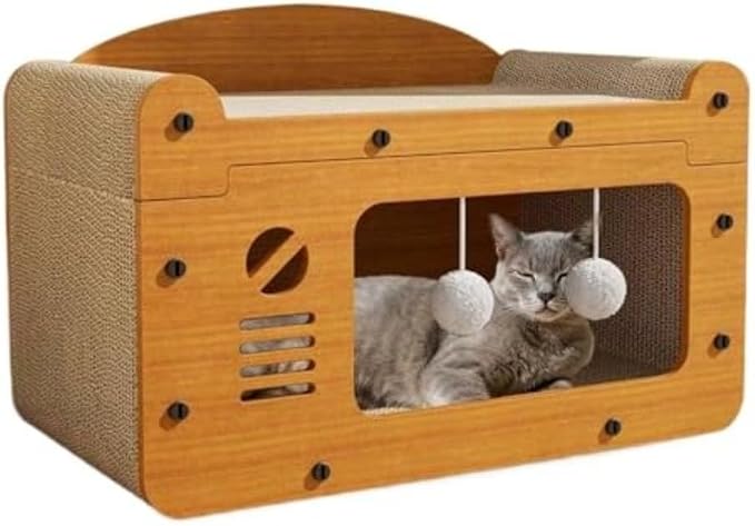 3-in-1 Scratcher Cat House – Save Your Furniture Combines Play Cave, Cozy Bed & Scratching Pad. Durable Cardboard, Reduces Stress. Ideal for Indoor Cats Who Love to Scratch, Play & Nap (MD-TV)