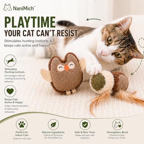 Gray Owl Catnip Cat Toy with Natural Stick, Interactive Plush Cat Toy for Indoor Cats, Bite Resistant Kitten Toy for Chewing, Kicking and Stress Relief