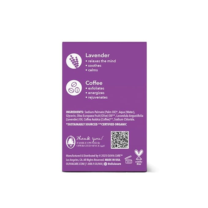 Olivia Care Exfoliating Bar Soap, Coffee Beans, 100% Natural, Organic Ingredients, Clean Energize Mind Body, Full of Vitamin & Antioxidants (Lavender Latte)