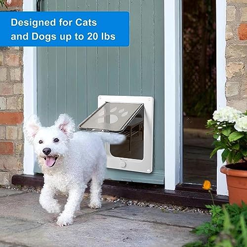 CEESC Small Dog & Cat Door, Snap-in Panel, Up to 20 lbs, Durable, White | Flap 7.25"x10", cut-out 7.88"x11.19". Fits doors 1.25-2.06in. Weatherproof ABS, magnetic seal