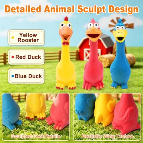 Squeaky Dog Toys 3 Pack, Natural Rubber Squeaky Chicken Rooster & Duck Interactive Chew Toys for Medium Large Dogs