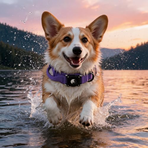 Tactical AirTag Dog Collar with Waterproof Holder(1st/2nd Generation) | Military-Grade Adjustable Collar, Comfortable Control Handle & Metal Buckle for Medium Dogs，Smart QR ID tag (Purple, M)