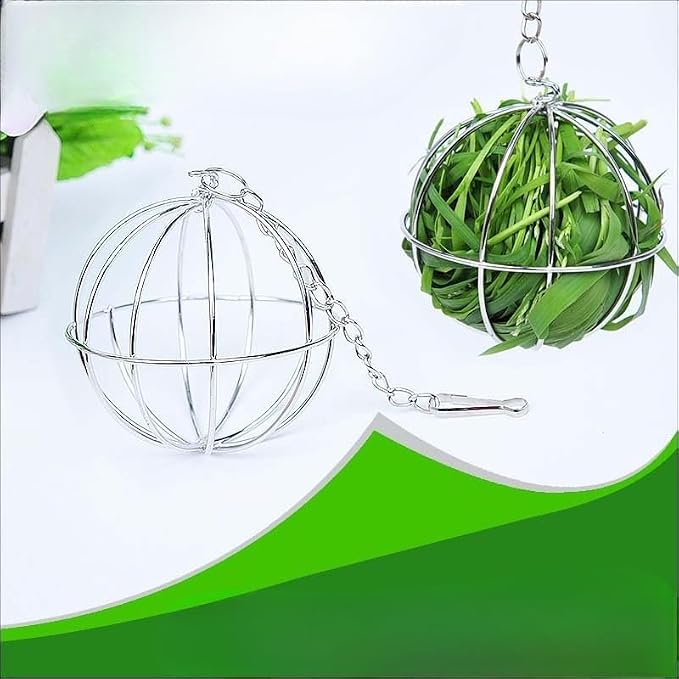 Rabbit Hay Feeder Ball, Stainless Steel Hanging Chew Toy and Forage Dispenser for Small Animals Cage, Hamsters Gerbils Chinchillas Guinea Pigs(Silver)