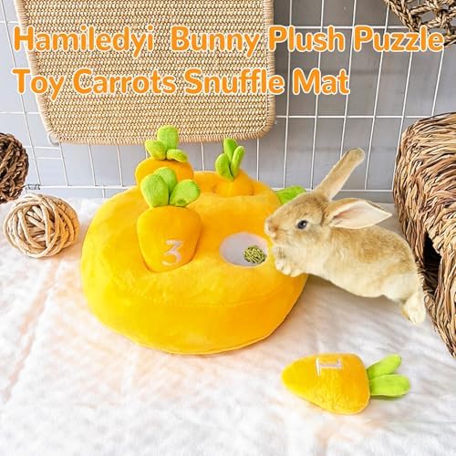 Hamiledyi Rabbit Foraging Toys Bunny Plush Puzzle Toy Carrots Snuffle Mat for Chinchilla Guinea Pig Ferret Rat Entertainment (Yellow)