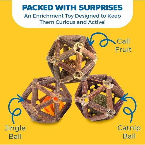 SunGrow Silverine Balls for Cats, Engaging and Interactive Pet Enrichment, Gall Fruit, Catnip, Bell Ball, Cool Pal Feline Toy, Christmas Stocking Stuffers, Brown, 2.5” (Diameter), 3 Pieces per Set 