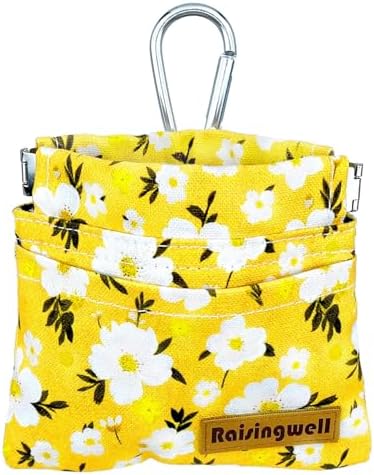 Raisingwell Dog Treat Pouch, Pocket Sized Pet Training Pouch, Cotton Fabric, Hand Free Yellow Flower Dog Walking Bag with Carabiner, Self-Closing Pet Feed Snack Reward, for Puppy Travel or Outdoor Use