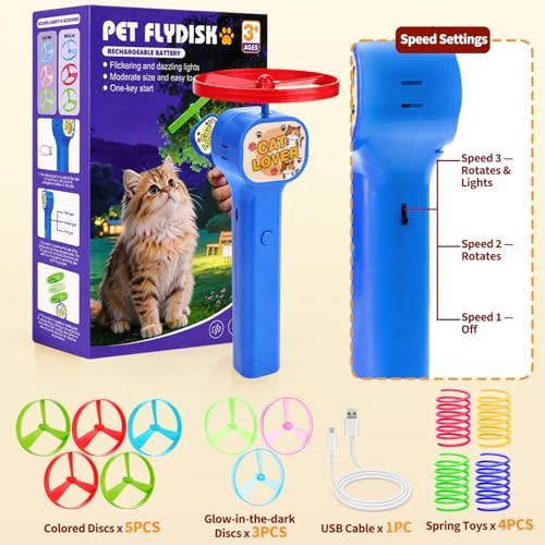 BABORUI Cat Toy Disc Launcher, Rechargeable Interactive Cat Fetch Toy Launcher with 8 Flying Discs, Flying Enrichment Toys for Indoor Bored Kittens & Adult Cats (Blue-1)