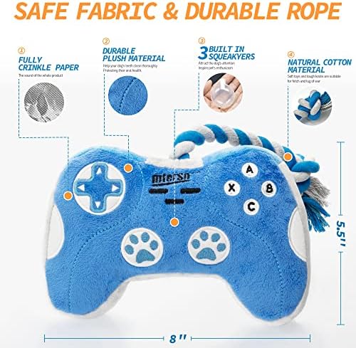 MTERSN Cute Squeaky Dog Toys with Game Controller Shape for Playtime, Blue