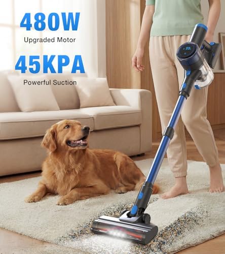 Cordless Vacuum Cleaner, 480W/45Kpa Vacuum Cleaners for Home, Self-Standing Stick Vacuum with LED Display, Anti-Tangle & Wall Mount Charging, 8 in 1 Lightweight Vacuum for Hard Floors Carpet Pet Hair