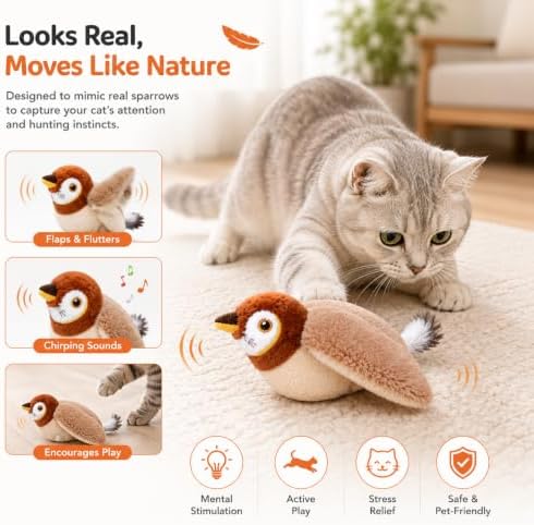 Tweetpaw Cat Toy with 3 Flapping Modes and Catnip, Realistic Chirping Sound, Rechargeable Interactive Toys for All Breeds Cat，Black