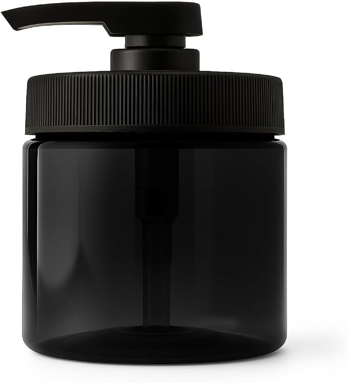 Royal Massage 16oz Refillable Pump Jar with Locking Dip Tube Dispenser – BPA-Free Plastic Container for Massage Oils, Lotions, Creams – Ribbed Lid Wide-Mouth Jar – Durable & Reusable (Black/Black, 1)