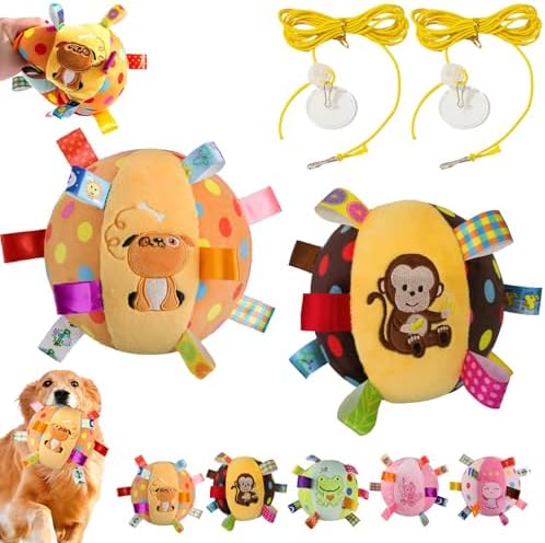 Colorful Squeaky Hanging Dog Training Toy, 6-Inch Squeaky Hanging Dog Toy, Soft Stuffed Ball with Cotton Material, Built-in Bell, Interactive Tug Chew Toy for Small Medium Dogs Indoor Play Fun (Mix-5)