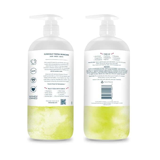 Kirk's 3-in-1 Head to Toe Nourishing Liquid Cleanser & Travel Size Bar Soap - for Men, Women & Children - Premium Coconut Oil and Aloe Vera- Non GMO & Vegan -Juniper & Lime - 32 Fl Oz. 2 pack