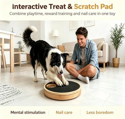 2 in 1 Wooden Pet Slow Feeder Puzzle Toy, Rotating Treat Dispenser with Nail Scratch Pad for Dogs Cats