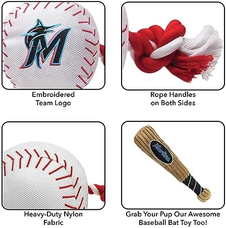 Pets First MLB Miami Marlins Baseball Rope Toy for Dogs & Cats. Tough Nylon, Sporty Baseball Design, Heavy-Duty Ropes with Inner Squeaker