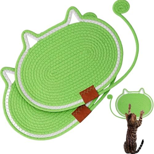 Cat Scratcher Mat Natural Cotton Rope Oval Horizontal Floor Cat Scratch Bed Pad with Ball Toy Protector for Furniture Floor Wall (Green, 2 PC)