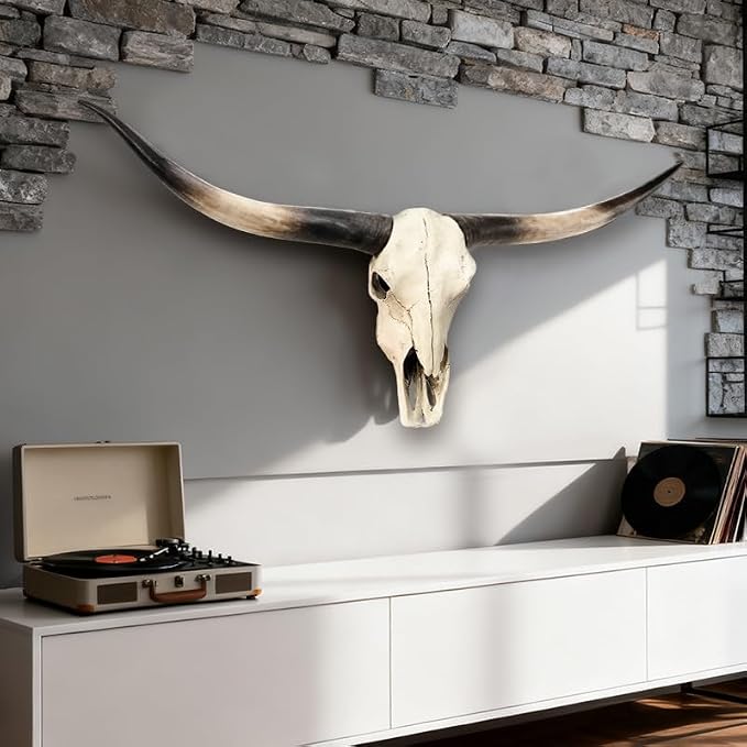 JUNTHORB 70in Longhorn Wall Decor, Extra Large Authentic Croissant，Cow Skull Wall Decor，cow horns, cow horn wall decoration, long horn skull，Handmade Farmhouse Decor