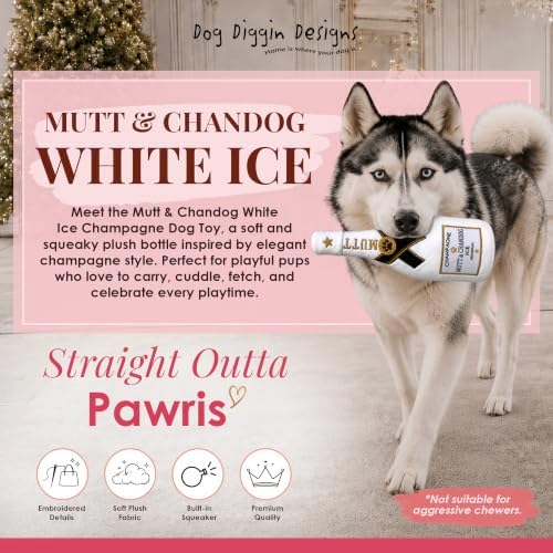 Dog Diggin Designs Mutt & Chandog White Ice Champagne Plush Dog Toy | Luxury-Inspired Parody Drink Bottle Dog Toy with Squeaker, Soft Plush Novelty Dog Toy – Shaken, Not Stirred!