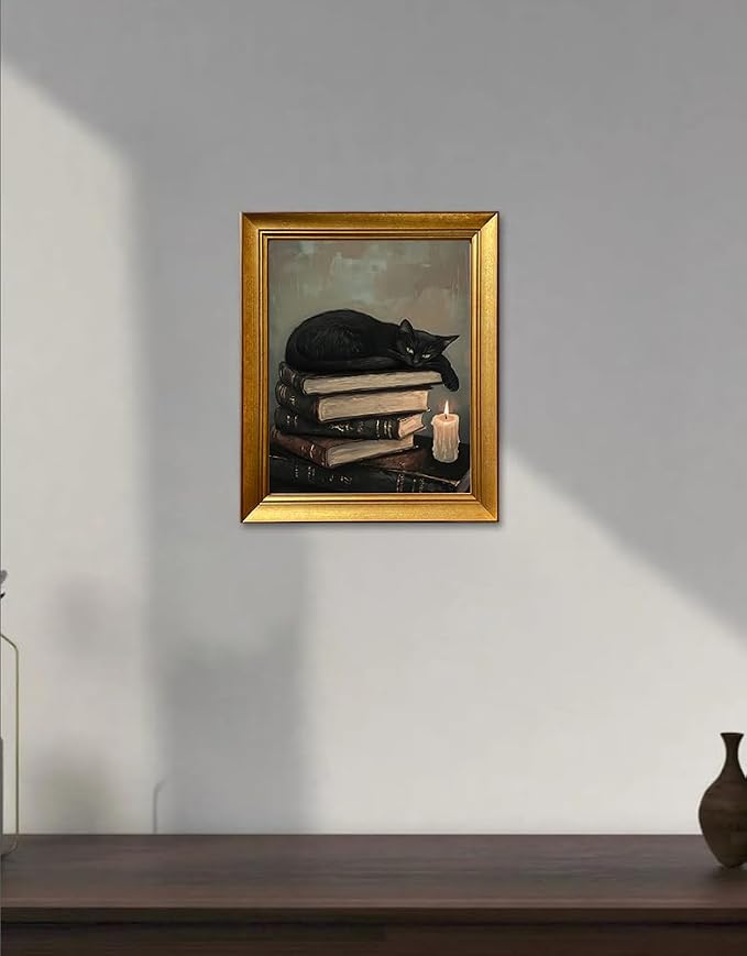 Vintage Gold Framed Wall Art Black Cat Print Poster Antique Cat Painting Artworks for Study Room Bedroom Home Decor Aesthetic