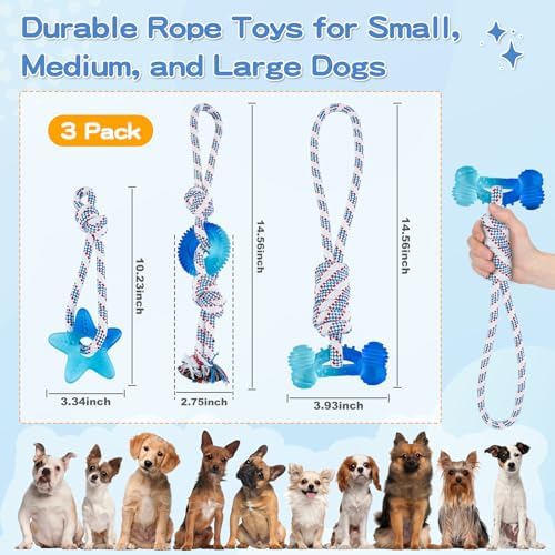 3 Pack Dog Chew Toys for Aggressive Chewers, Multiple Textures & Rope, ndestructible Tough Durable Interactive Dog Toys, Puppy Chew Toys for Teething， Blue Star&Bone&Small Circle