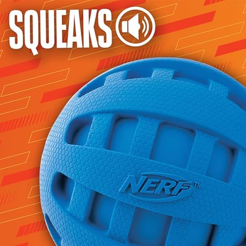 Nerf Dog Rubber Ball Dog Toy with Checkered Squeaker, Lightweight, Durable and Water Resistant, 4 Inch Diameter for Medium/Large Breeds, Single Unit, Blue
