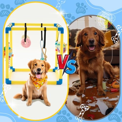 Soulchen Puppy Play Gym with 8 Hanging Toys, Small Dogs Enrichment Interactive Toys 16.5 Inch Pets Indoor Jungle Gym PVC Frame with Bungee Straps Enrichment Activity Center