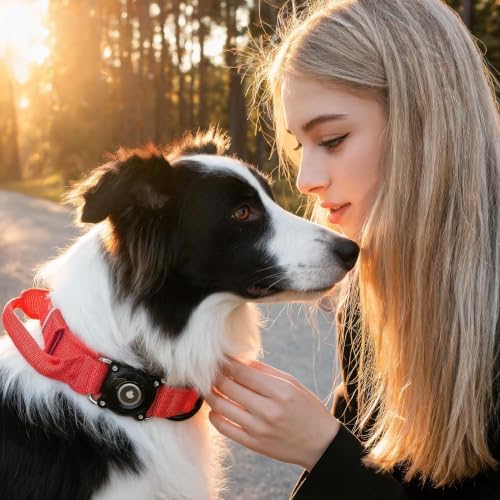 Smart Waterproof AirTag Dog Collar with QR Code ID Tag, Anti-Lost Tactical Dog Collar with Built-in AirTag Holder, Metal Buckle & Control Handle, GPS Tracker Collar for Medium to Large Dogs (Red, L)