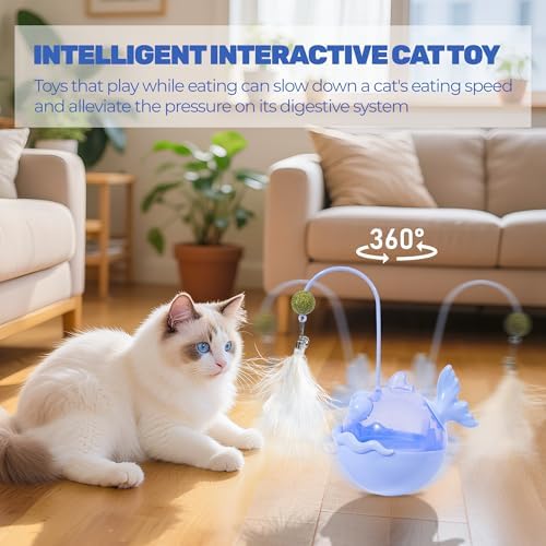 Cat Interactive Toys,Wobble Kitten Treat Dispensing Ball with Catnip and Feathers, Indoor Puzzle Slow Feeding, Cats Treat Dispenser Kicker Toy for Large, Medium and Small Cats (Blue, Fish