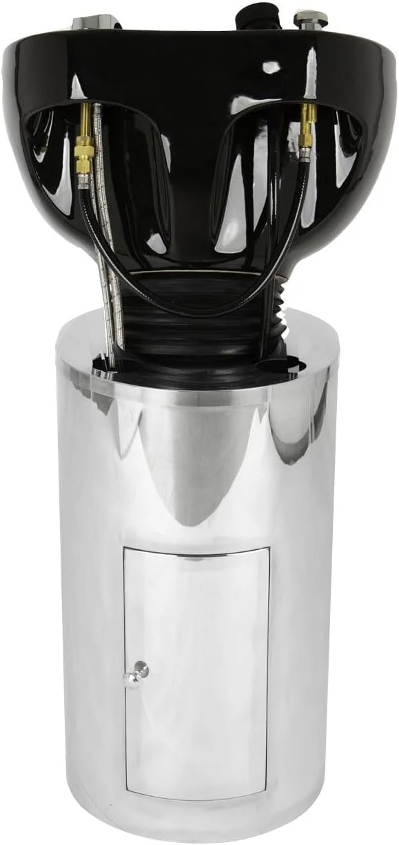 Buy-Rite Paris Pedestal Shampoo Unit – Professional Salon Shampoo Station with Tilting Porcelain Bowl, Silver Base with Black Bowl – Includes Faucet, Spray Hose, Drain & Vacuum Breaker