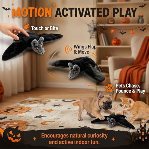 Flying Bat Dog Toy, Flapping Bat Dog Toy, Flapping Wings Interactive Pet Toy, Motion Activated Rechargeable Plush Toy with Chirping Engages Cats and Dogs, Mimics Real Flying Motion