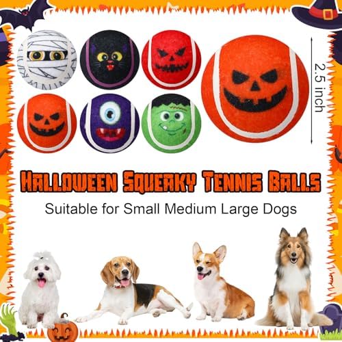 Civaner 6 Pcs Halloween Dog Toys Bulk, 2.5 Inch Squeaky Tennis Balls Gifts