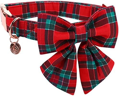 DOGWONG Christmas Dog Collar with Sailor Bow Tie, Red Plaid, Cotton, Medium, S