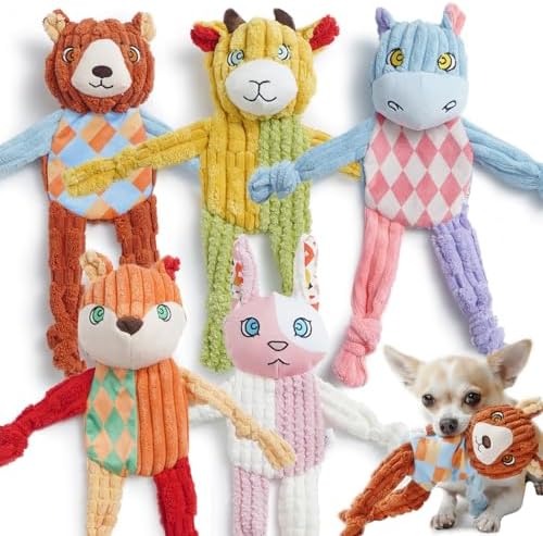 Nocciola 5PC No Stuffing Puppy Toys - Dog Toys Plushies Whimsical Variety Colors Animal Plush Toy with Squeaky Crinkle Sound to Keep Them Busy for Small Medium Dogs