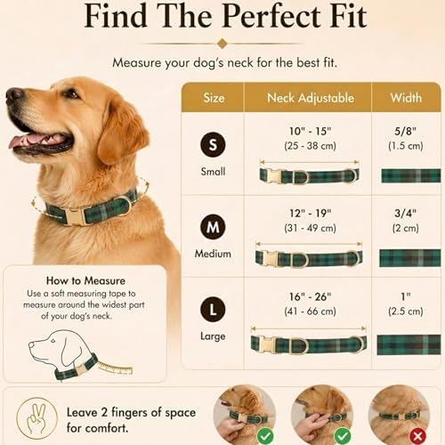 Soft Cotton Dog Collar Classic Plaid Pet Collars with Metal Clasp for Medium Dogs with Sensitive Skin, Forest Green