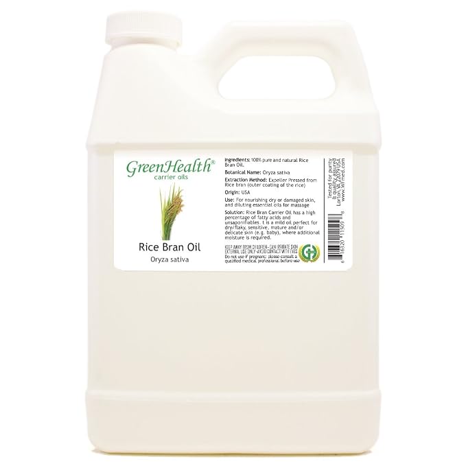 GreenHealth Rice Bran Carrier Oil – 100% Pure, Cold Pressed, 32 fl oz – White Plastic Jug for Skin, Hair, Massage & DIY Blends