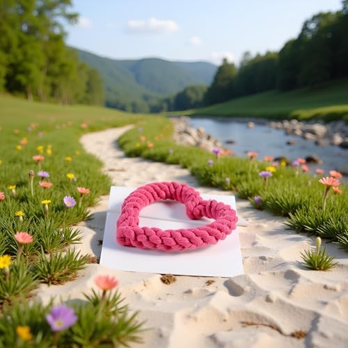 Dark Pink Cute Dog/Cat Chew Toys, Dog Toys for Chewers, Heavy Duty Dental Dog Rope Toy for Dogs, Creative Love Heart Shaped Interactive Rope Dog Toys, Cotton Puppy Teething Chew Tug Pet Supplies