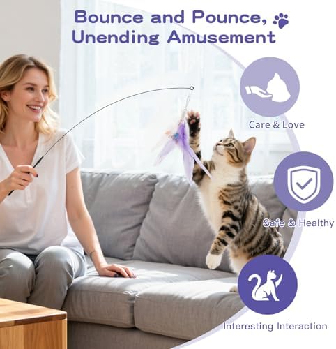 Pawaboo Cat Feather Wand Interactive Toy, 2 Feathers + 1 Wand with Bell