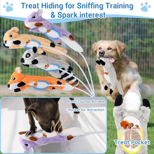LECHONG 5-Pack Fluff-Free Squeaky Dog Toys - Crinkle No-Stuffing Body & Lightly Filled Head with Treat Hiden Pocket, Dog Toys Bundle for Aggressive Chewers Small Medium Large Dogs to Keep Them Busy