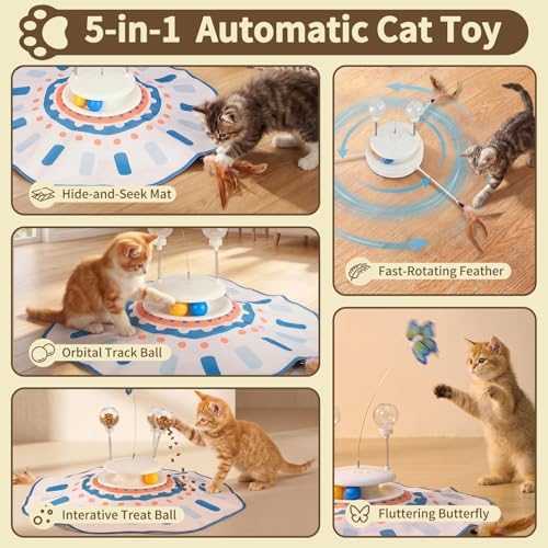 MOHAYA Interactive Cat Toy 5-in-1, Smart Automatic Cat Toys for Bored Indoor Cats, Motion & Sound Activated Toy with Fluttering Butterfly, Moving Feather, Track Balls & Slow Feeder Treat Dispenser
