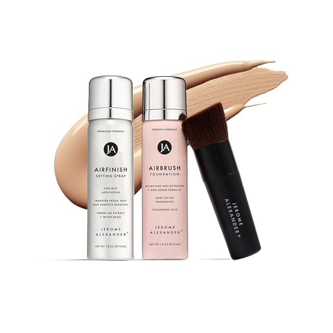 MagicMinerals AirBrush Foundation Set by Jerome Alexander – 3pc Set Includes AirFinish, Foundation and Kabuki Brush - Spray Makeup with Anti-aging Ingredients for Smooth Radiant Skin (Bright Medium)