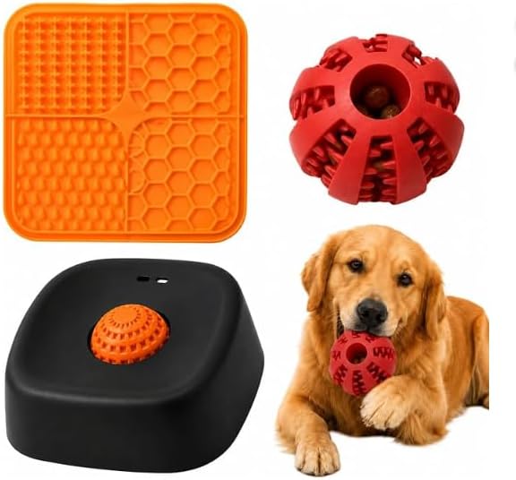 3-in-1 Slow Feeder Dog Bowl Set with Lick Mat, Treat Dispensing Ball, Puzzle Toy Feeder, Non Slip Pet Food Dish, Lick and Roll Feeding Solution, Anxiety Relief, Small Breed Feeding Kit
