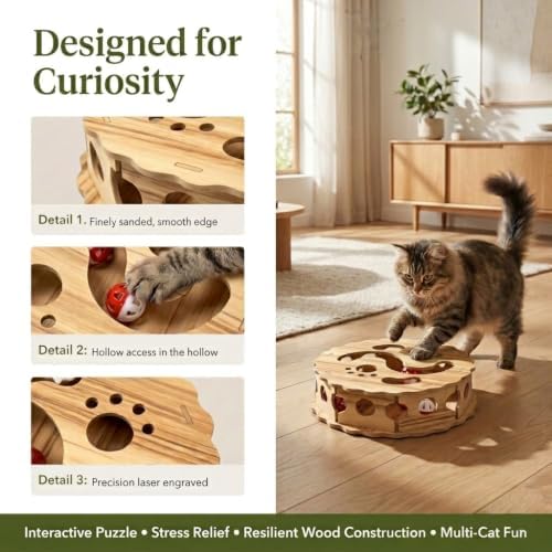 Wooden Cat Puzzle Toy - Interactive Cat Maze & Treat Dispenser Game Box with Track Balls - Mental Enrichment Toys for Indoor Cats & Kittens