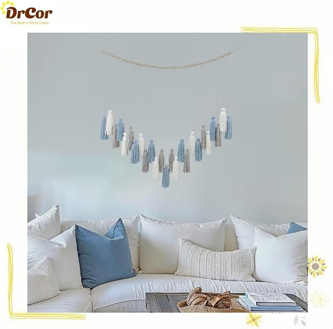 DrCor Dusty Blue Boho Macrame Garland Wall Hanging Decor | Handmade yarn banner for classroom, dorm, reading corner and coastal styling. Pre-assembled, lightweight, reusable.