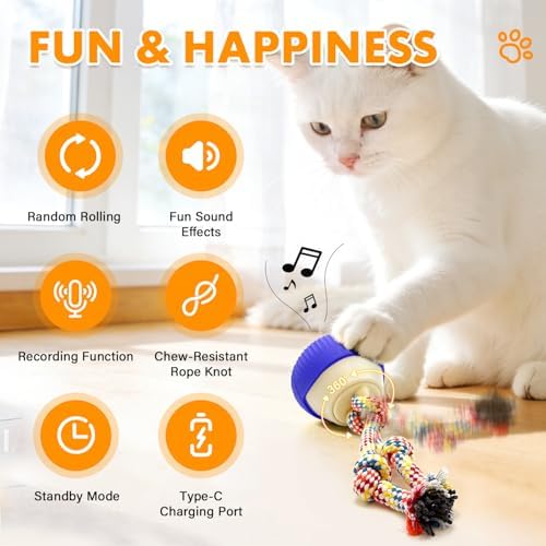 Interactive Cat Toy, 360° Rotating Automatic moving cat toys, Voice Recordable Auto Rolling Pet Toy with LED Sound & Music, Rechargeable Interactive Cat Toys for Indoor Cats & Small Dogs (ORANGE)