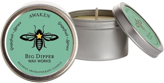 Big Dipper Wax Works Beeswax Aromatherapy Candle Tin – Awaken, Grapefruit & Spruce Scented, Small 1.5” x 1” Tin – 12-Hour Burn, Pure Essential Oils, Clean-Burning & Eco-Friendly