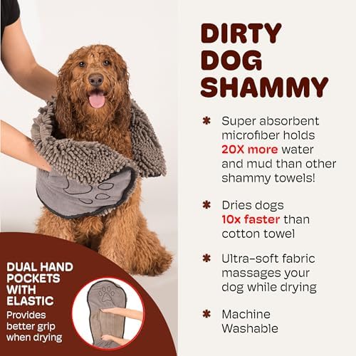 Dog Gone Smart Dirty Dog Doormat & Shammy - Super Absorbent, Fast Drying Polyester & Polyamide Microfiber Mat & Towel with Dual Hand Pockets, Non-Slip Backing & Machine Washable - Grey, 31 x 20 Inches