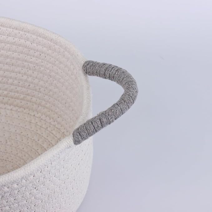 Yimi's Dream White Cotton Rope Gift Basket with Gray Handle, 12 x 8 x 5 in | Oval Woven Small Basket for Gifting, Baby Shower, Nursery, Cat or Dog Toys, Shelves, Birthdays, and Shelves Home Décor