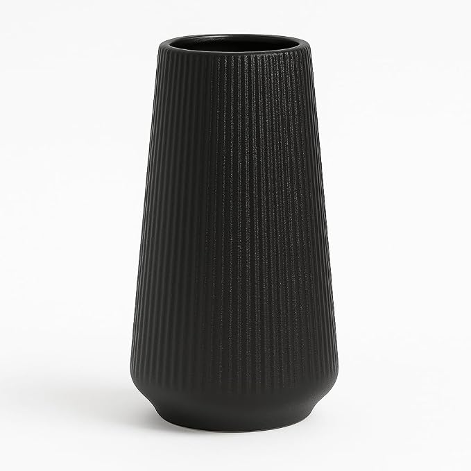 Black Ceramic Vase, 8 Inch Flower Vase for Pampas Grass, Modern Minimalist Ribbed Decorative Vase for Living Room Table, Shelf Decor